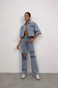 Half Sleeve Crop Light Blue Denim Shirt