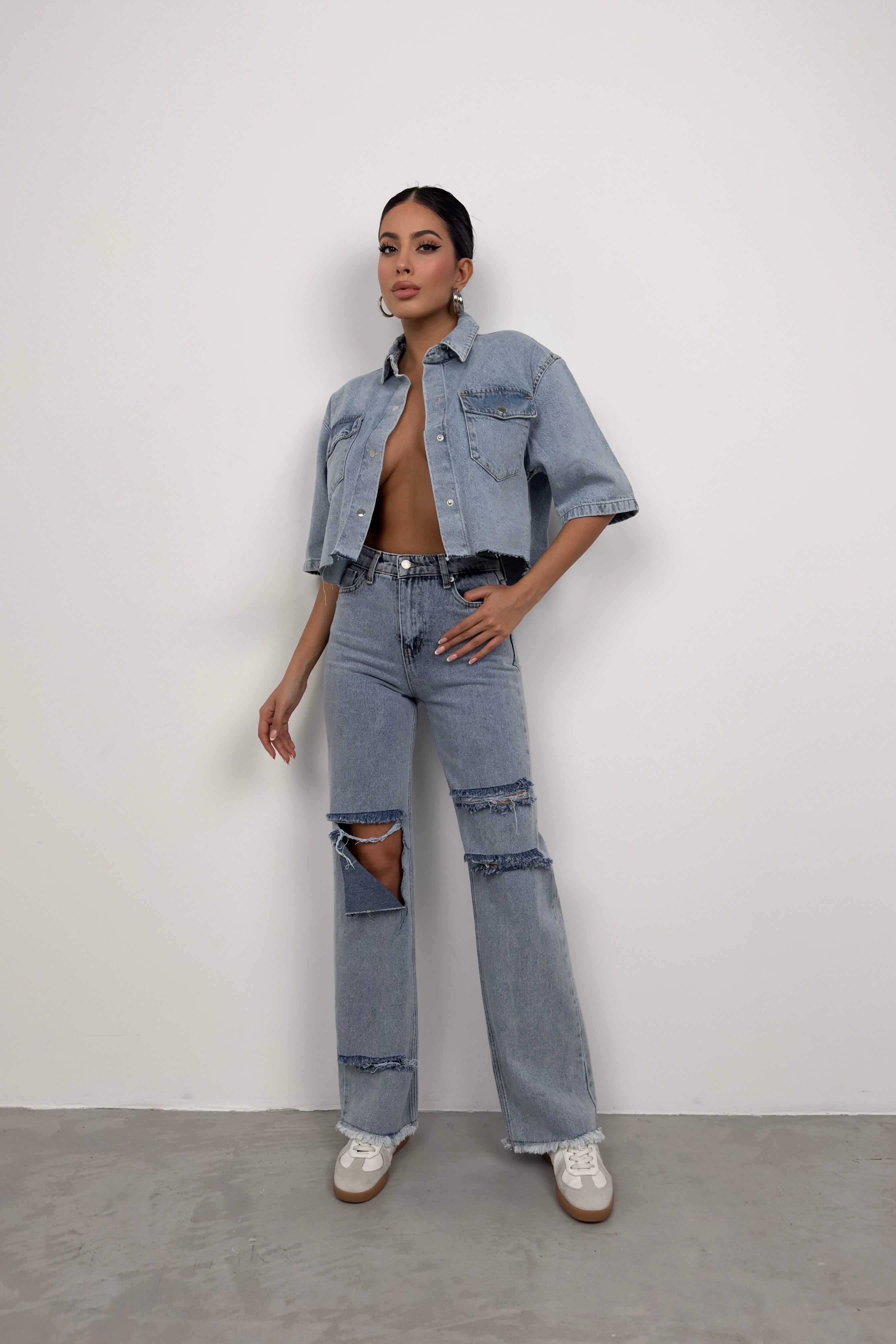 Half Sleeve Crop Light Blue Denim Shirt