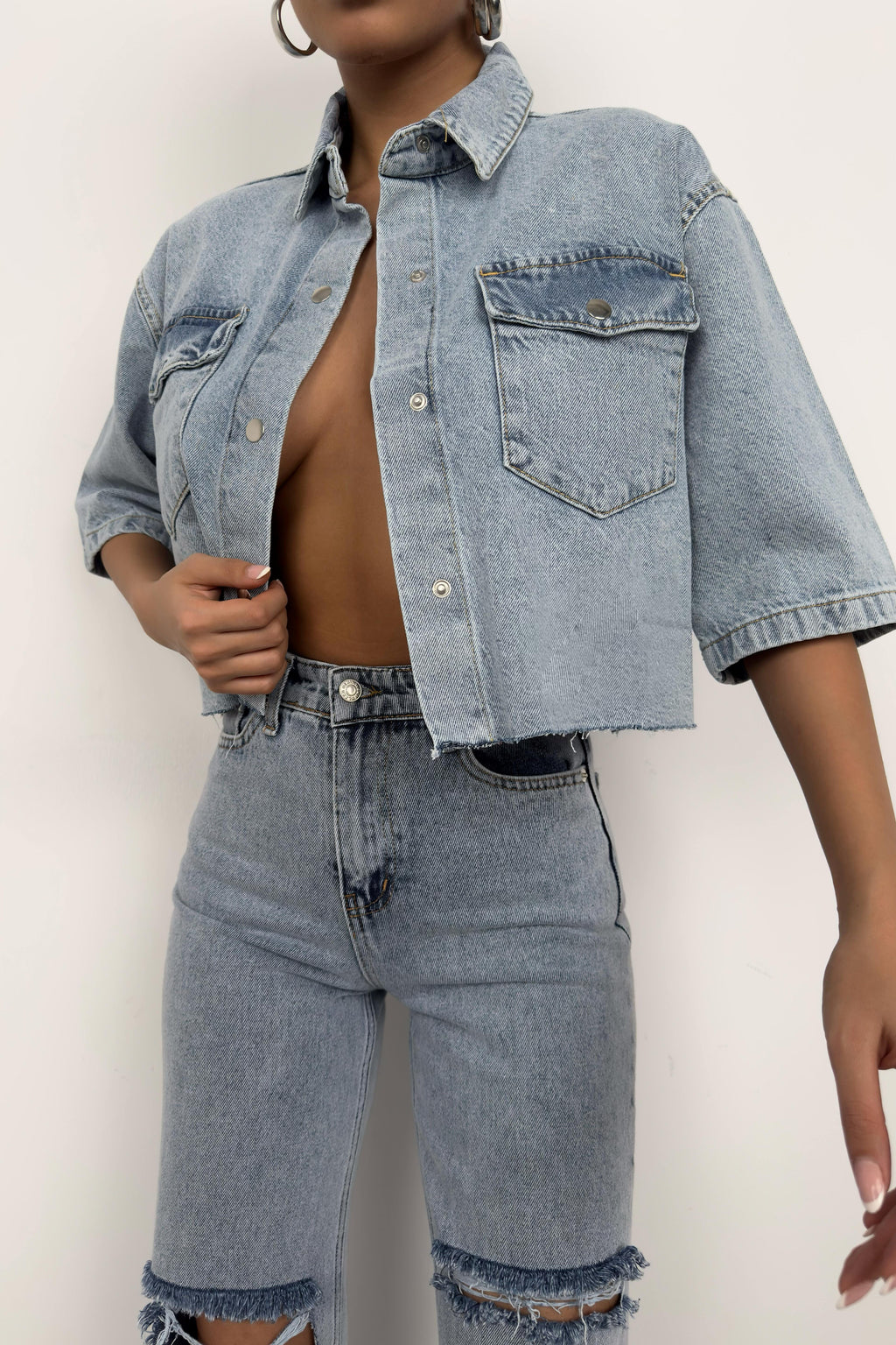 Half Sleeve Crop Light Blue Denim Shirt