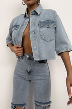 Half Sleeve Crop Light Blue Denim Shirt