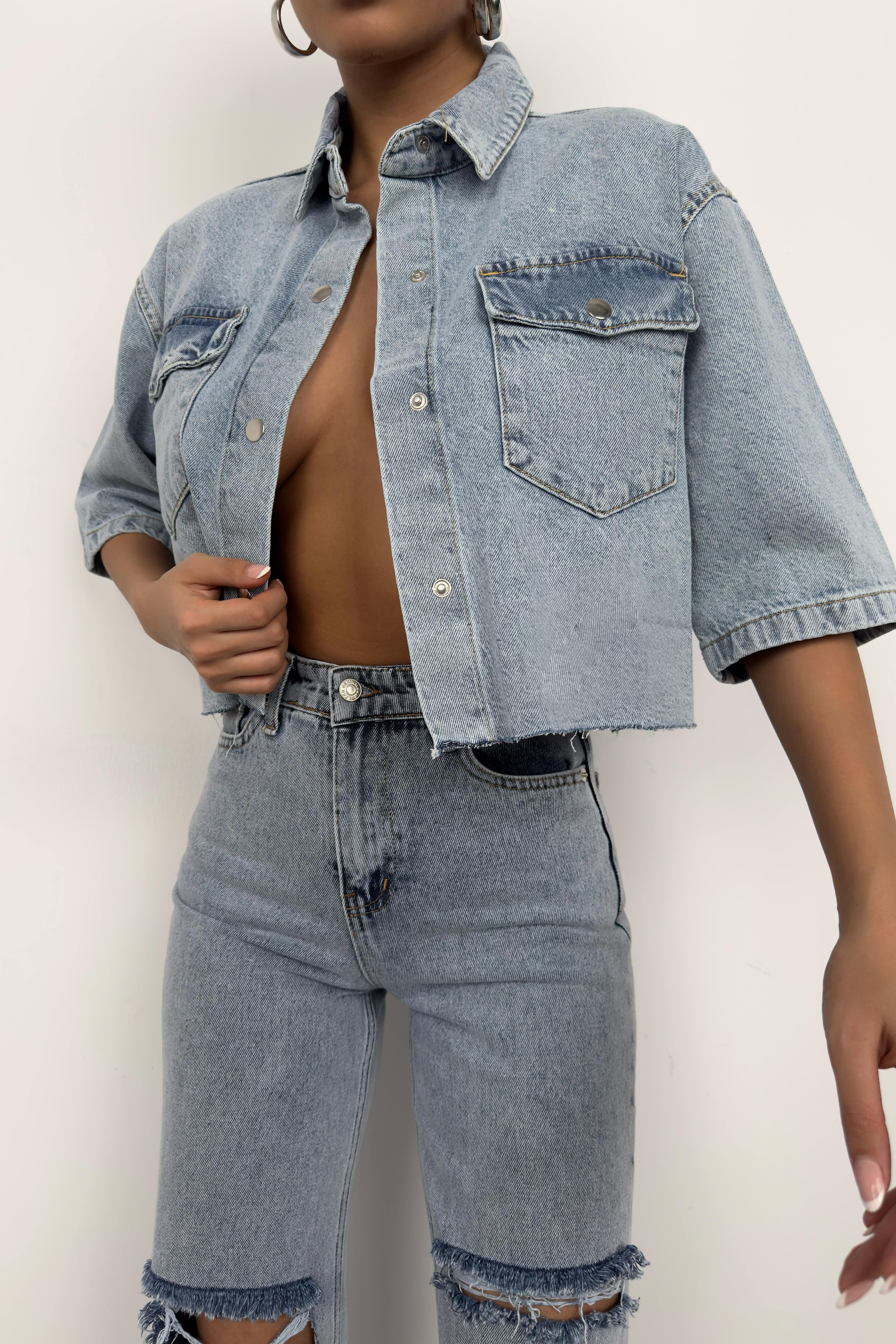 Half Sleeve Crop Light Blue Denim Shirt