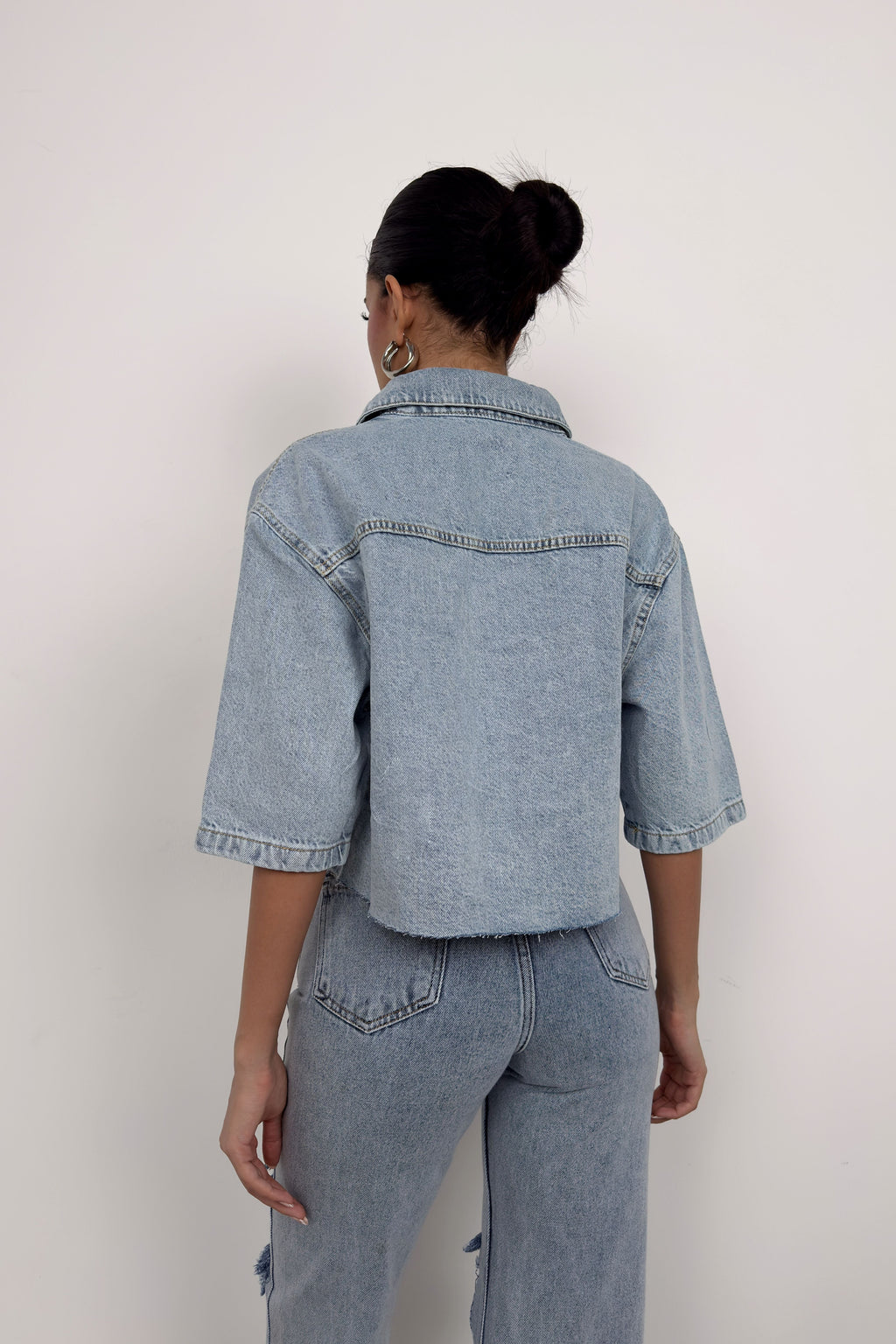 Half Sleeve Crop Light Blue Denim Shirt