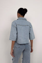 Half Sleeve Crop Light Blue Denim Shirt