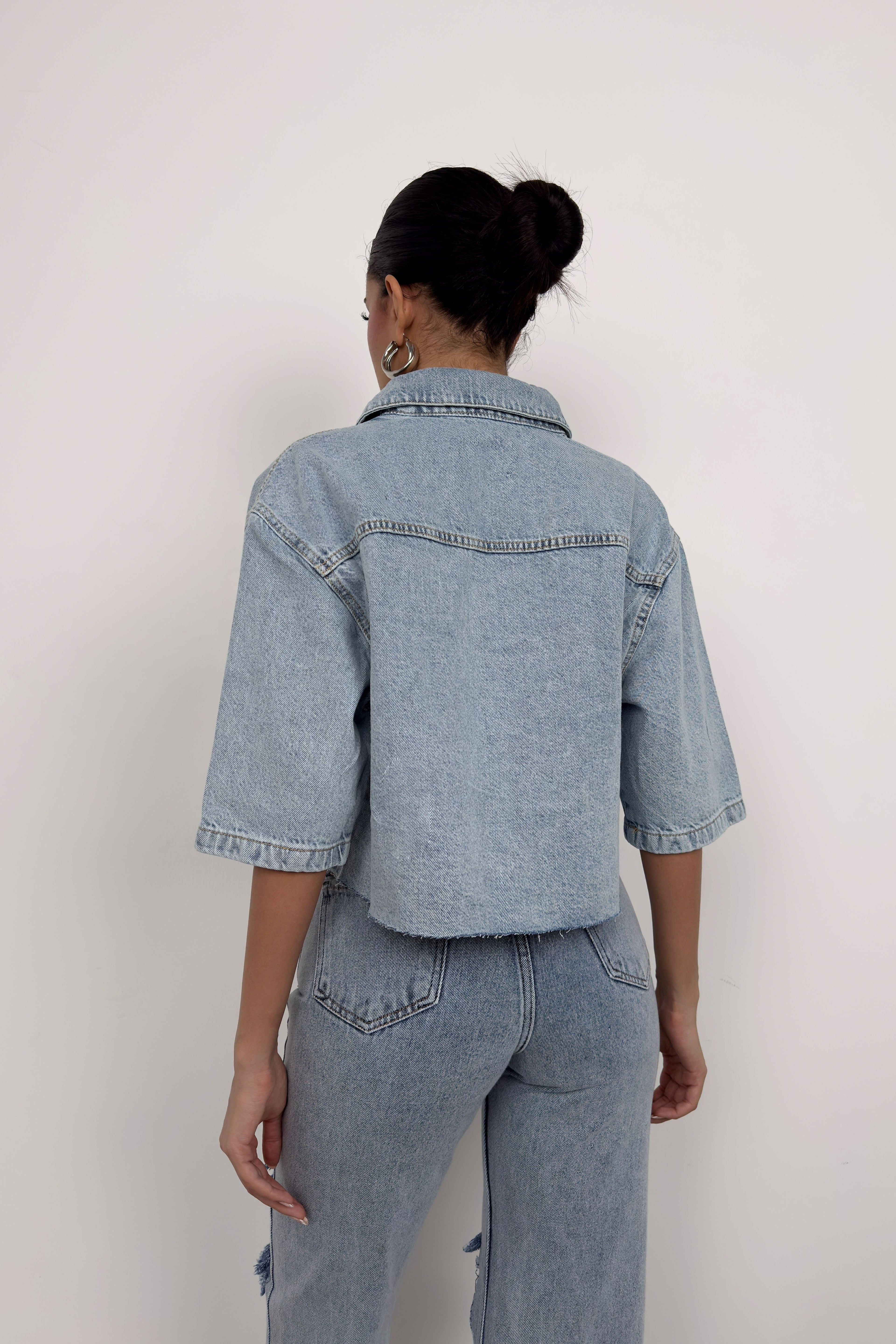 Half Sleeve Crop Light Blue Denim Shirt