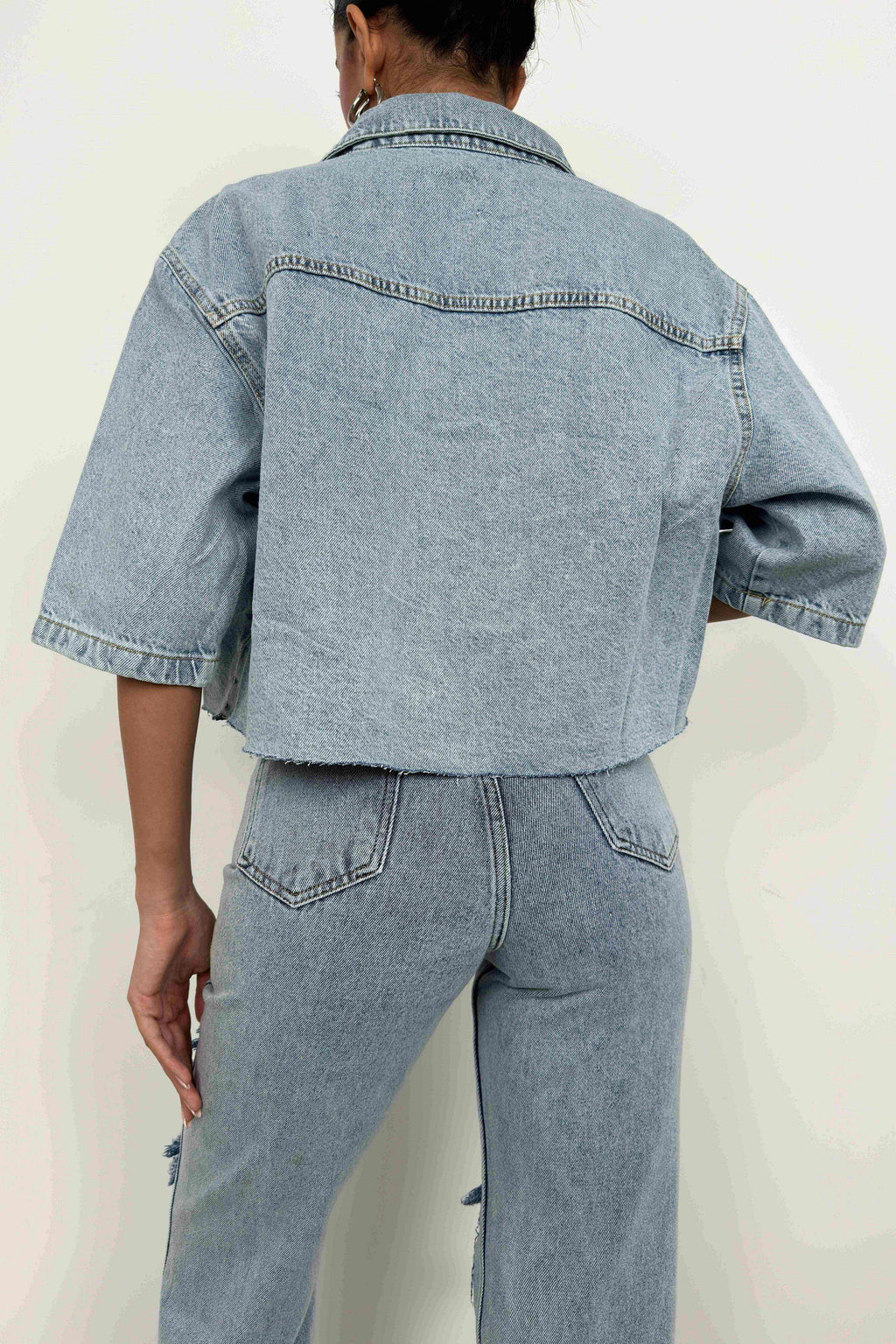 Half Sleeve Crop Light Blue Denim Shirt