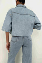 Half Sleeve Crop Light Blue Denim Shirt