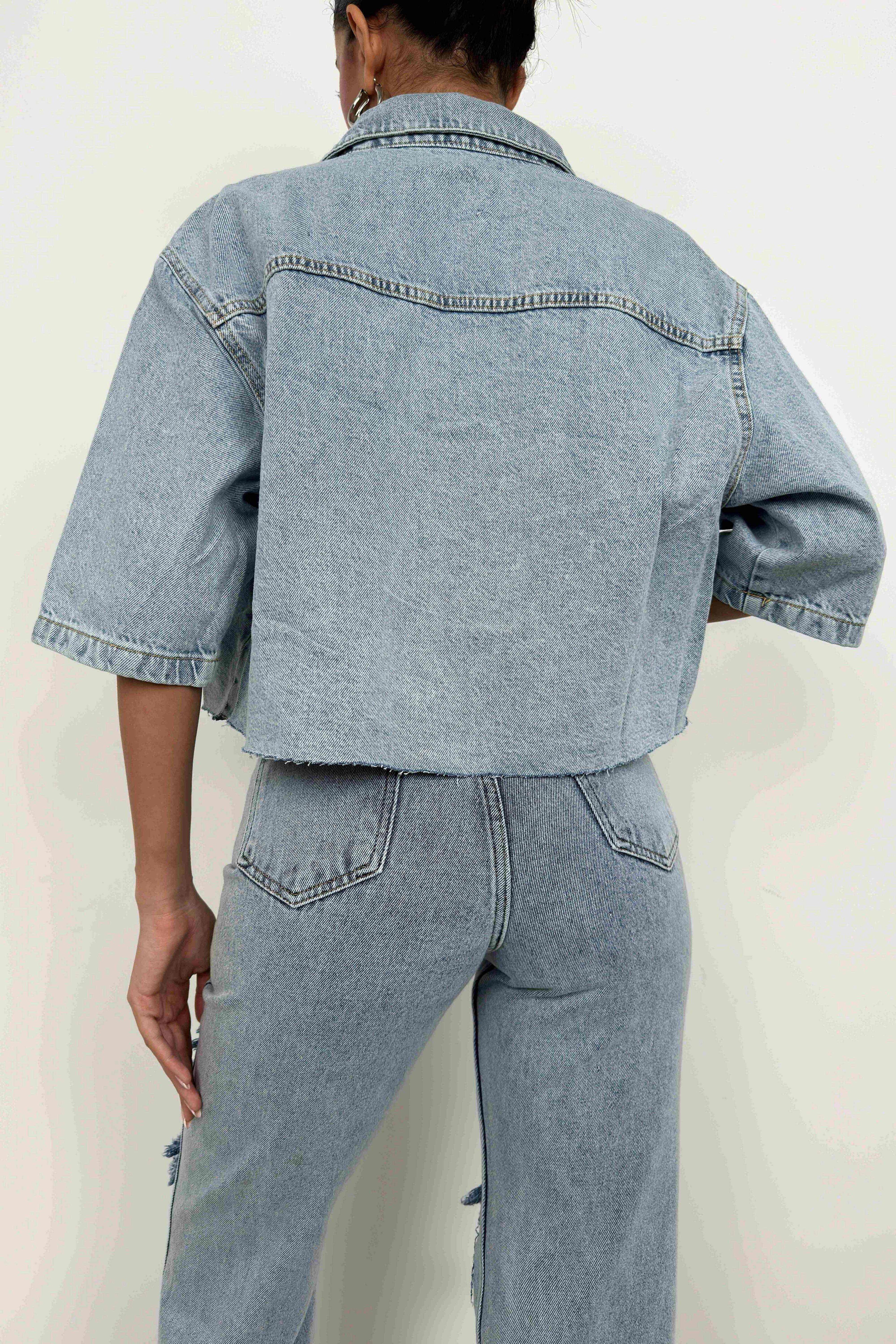 Half Sleeve Crop Light Blue Denim Shirt