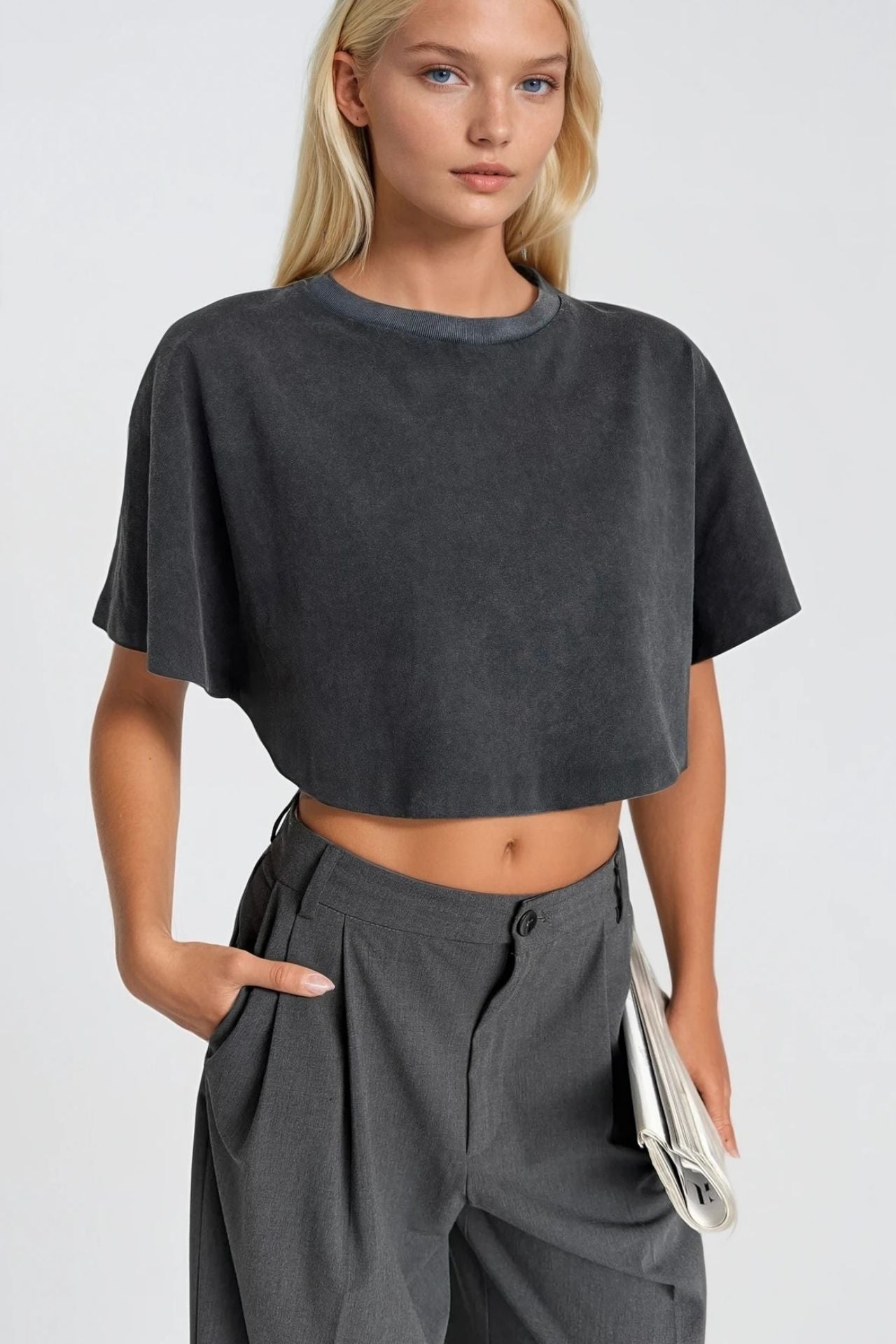 Washed Effect Black Crop T-Shirt