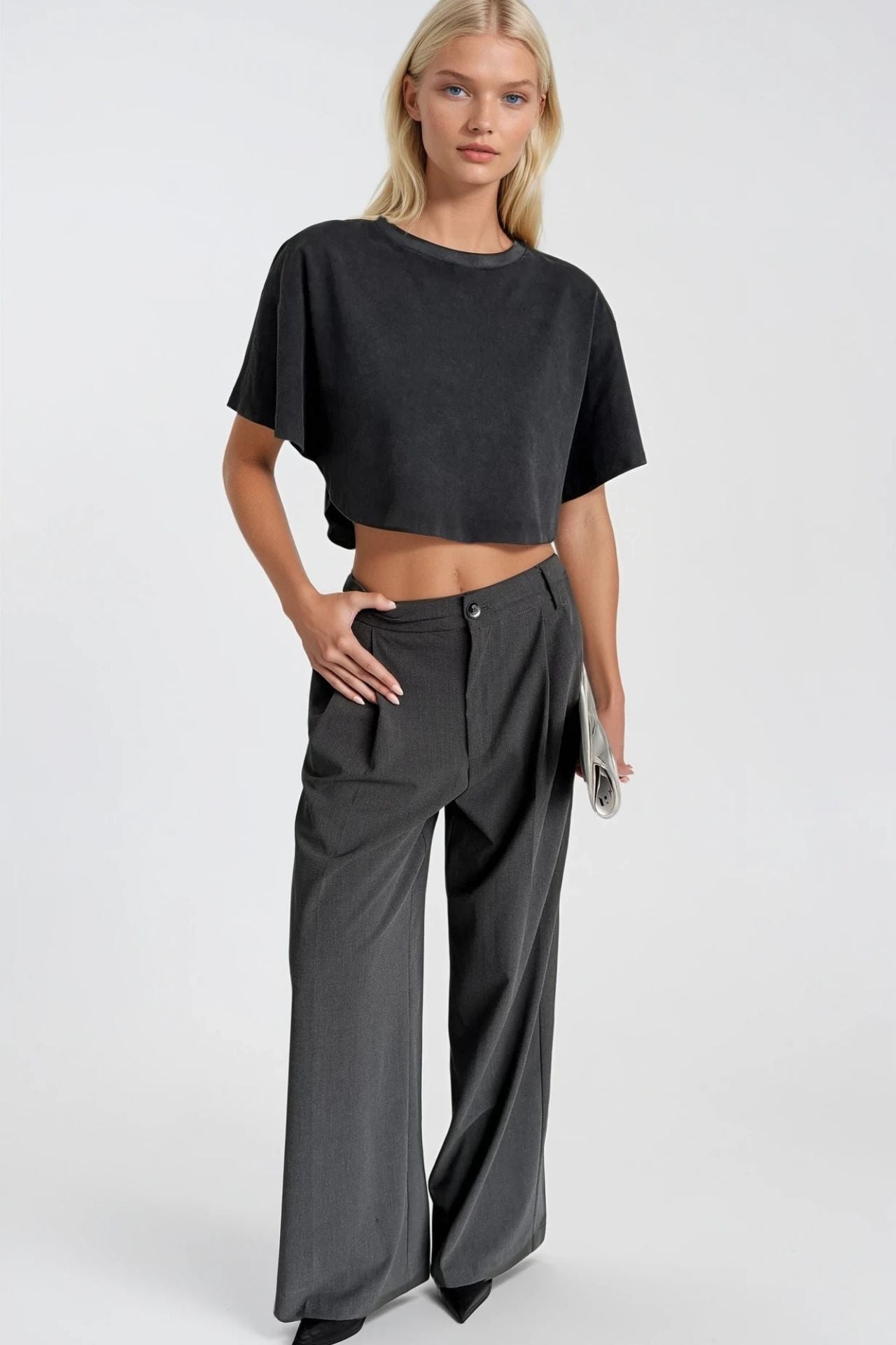 Washed Effect Black Crop T-Shirt