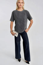 Washed Effect Eyelet Detail Black T-Shirt