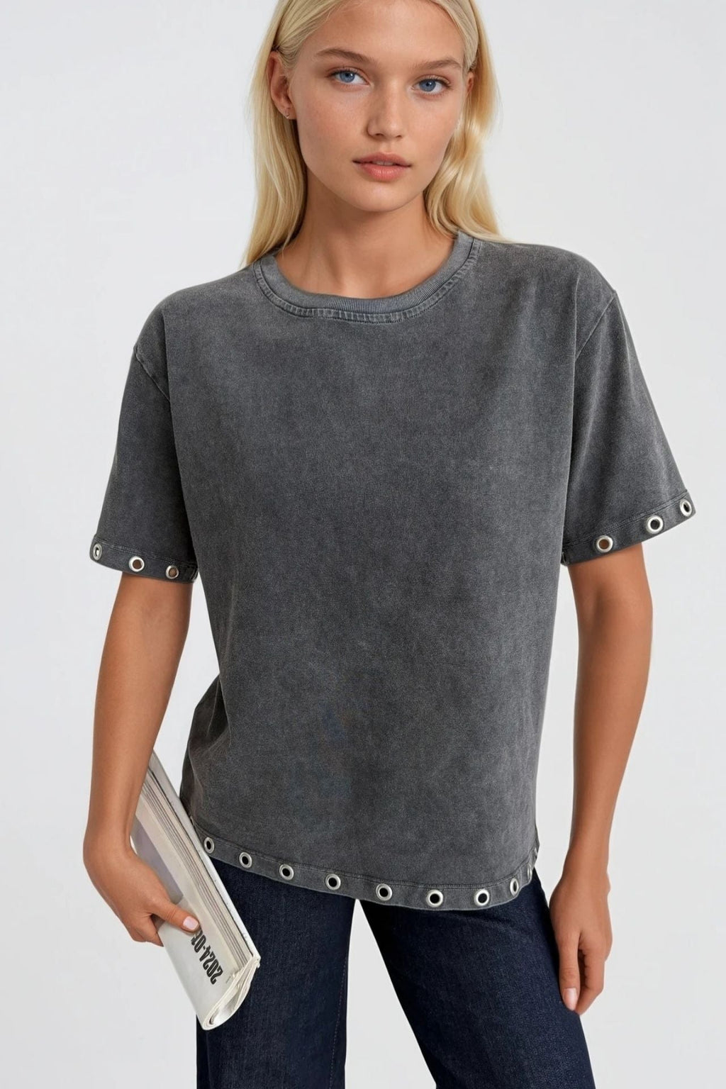 Washed Effect Eyelet Detail Black T-Shirt