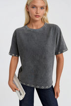 Washed Effect Eyelet Detail Black T-Shirt