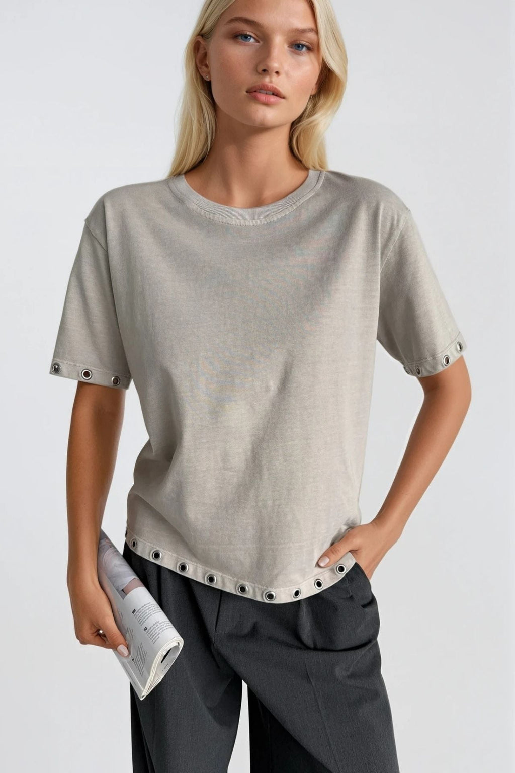 Washed Effect Eyelet Detail Beige T-Shirt
