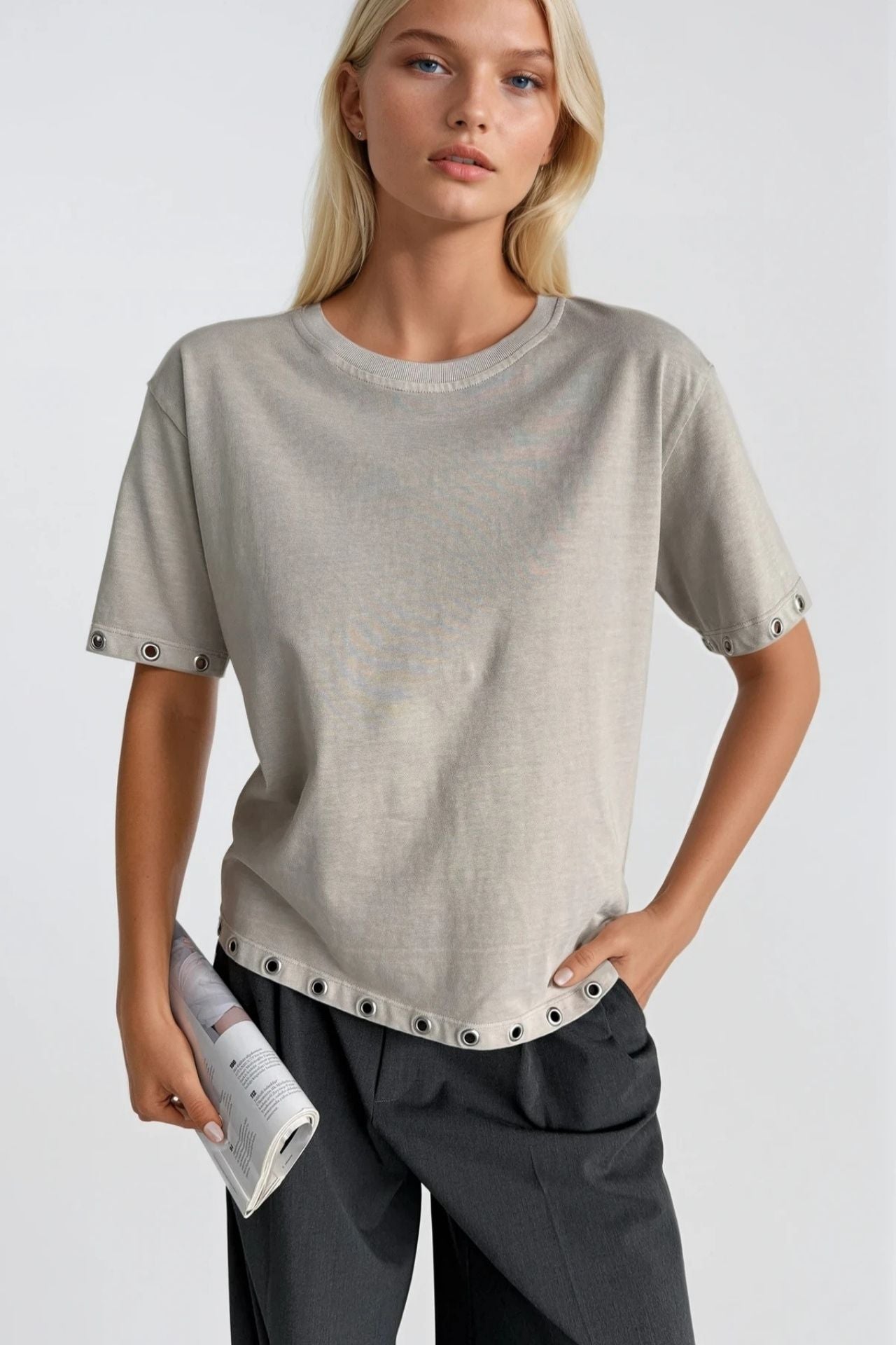 Washed Effect Eyelet Detail Beige T-Shirt