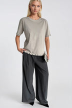 Washed Effect Eyelet Detail Beige T-Shirt