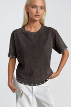 Washed Effect Eyelet Detail Brown T-Shirt