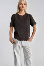 Washed Effect Eyelet Detail Brown T-Shirt