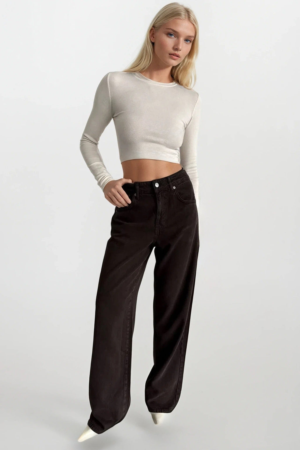 Washed Effect High Waist Brown Jeans