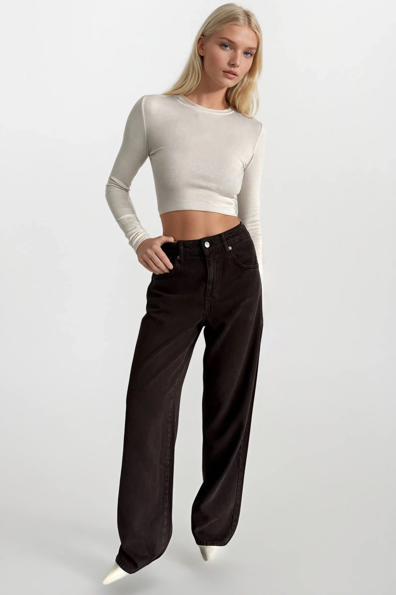 Washed Effect High Waist Brown Jeans