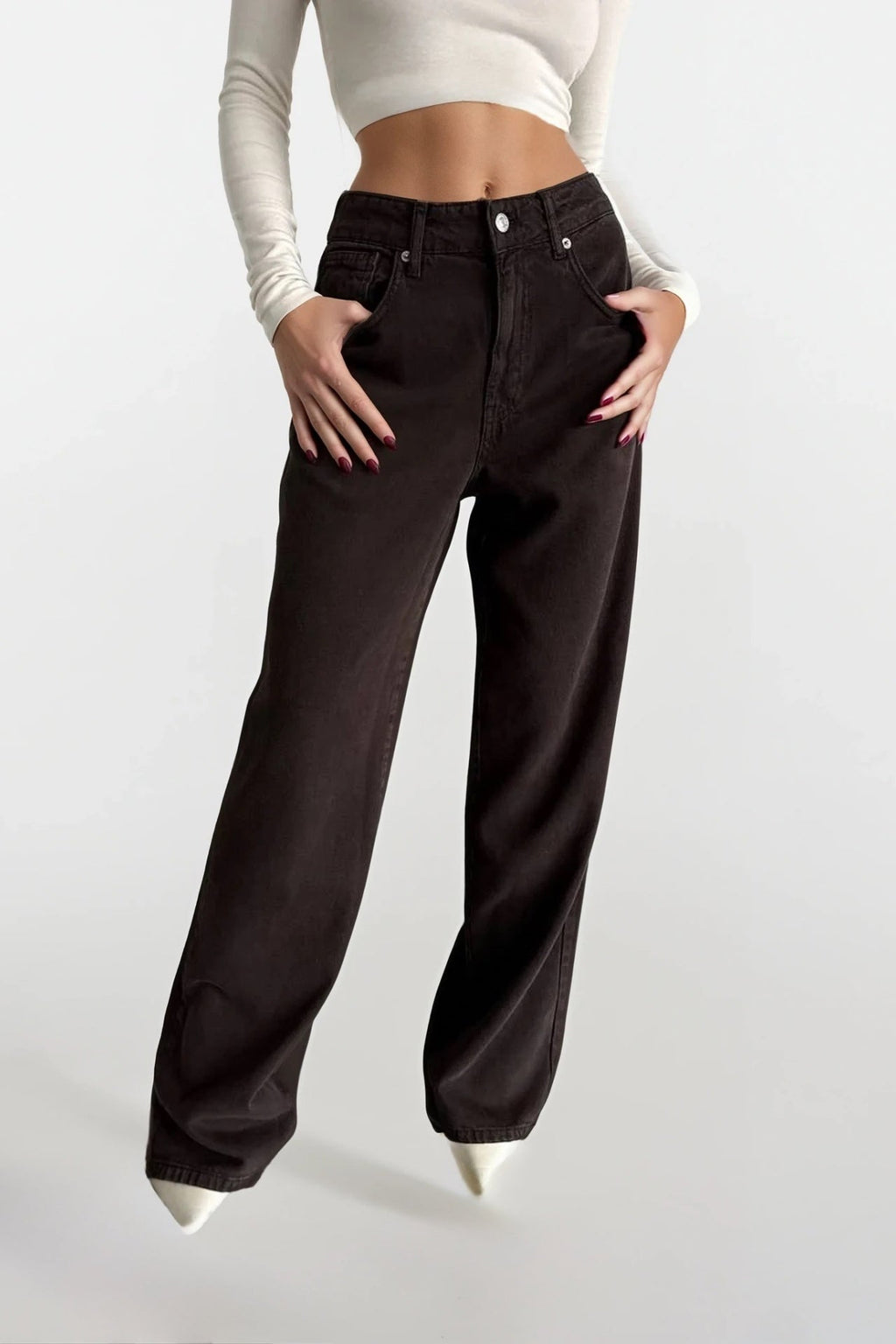 Washed Effect High Waist Brown Jeans