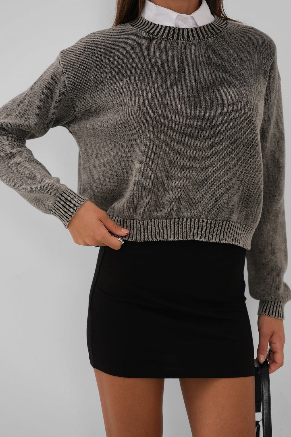 Washed Crop Dark Gray Knit Sweater