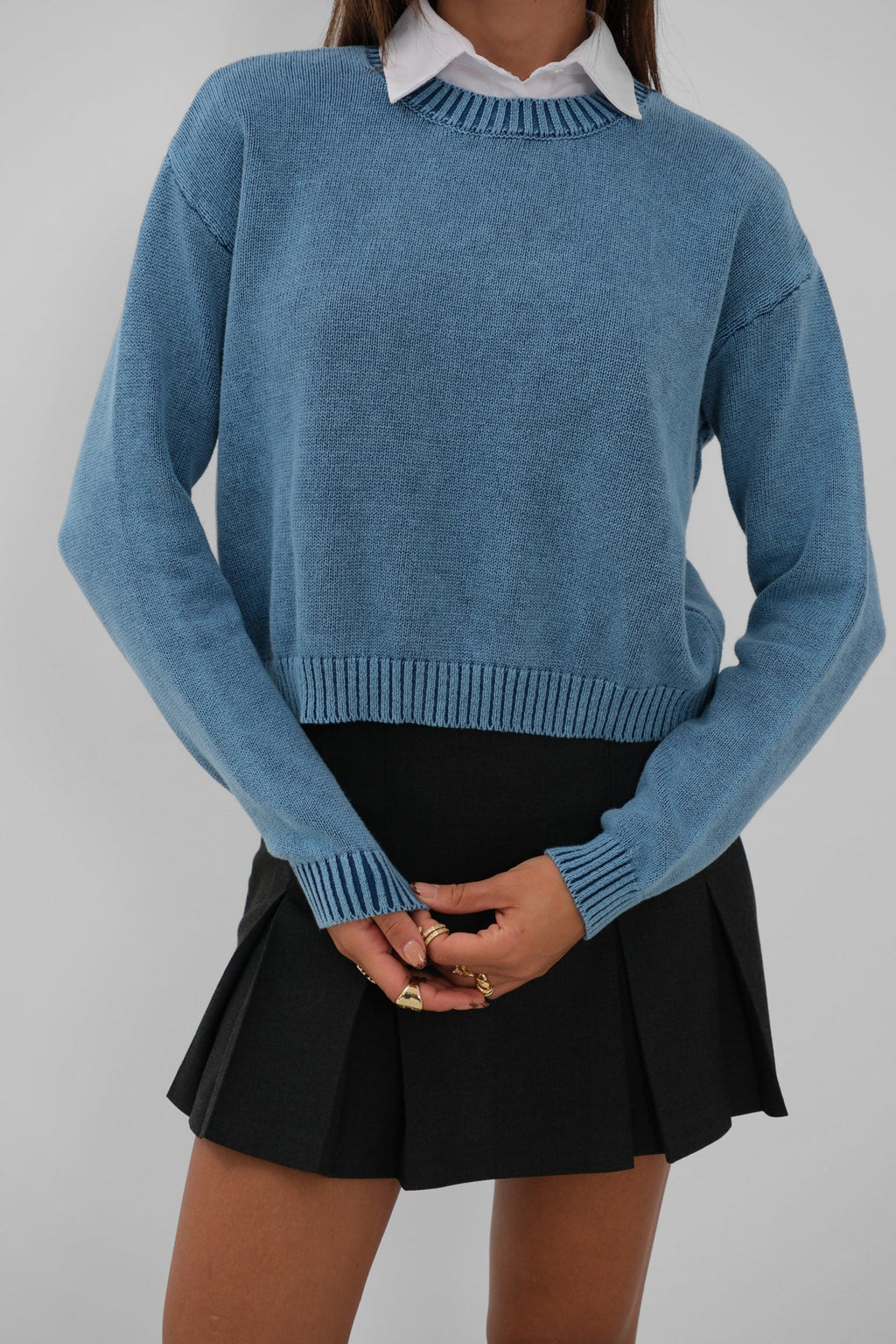 Washed Crop Knit Blue Sweater