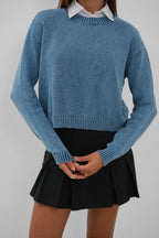 Washed Crop Knit Blue Sweater