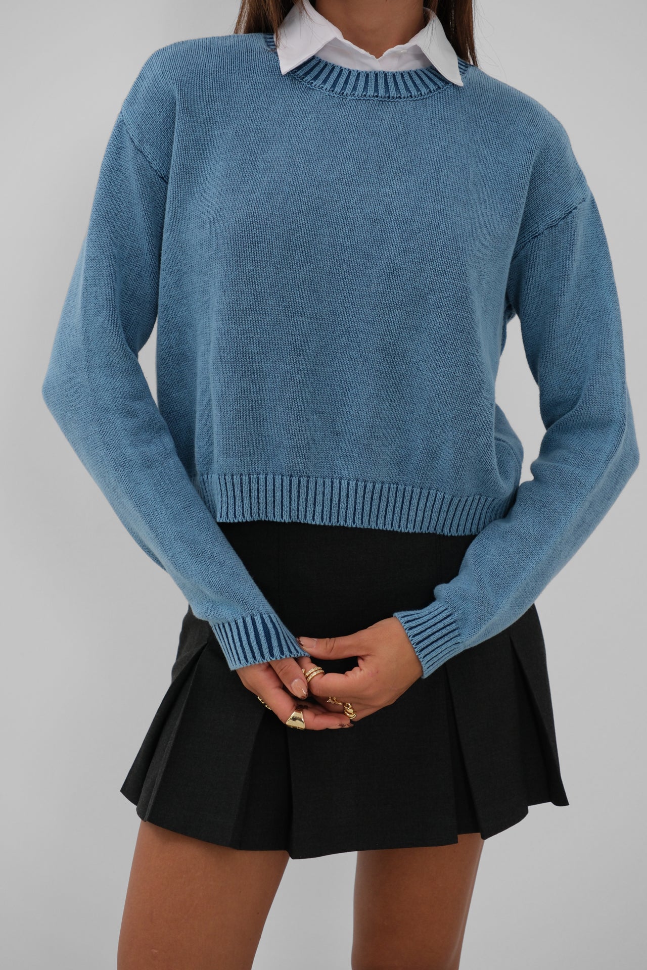 Washed Crop Knit Blue Sweater
