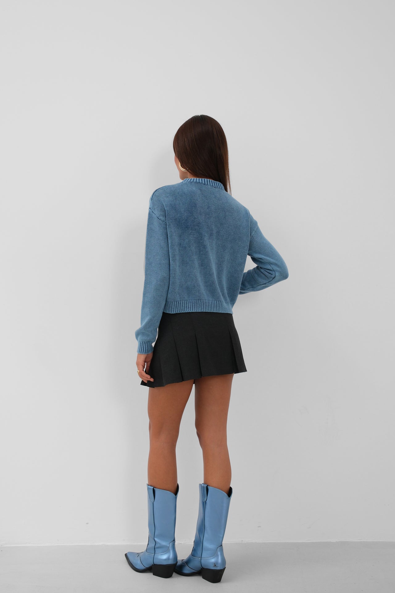 Washed Crop Knit Blue Sweater