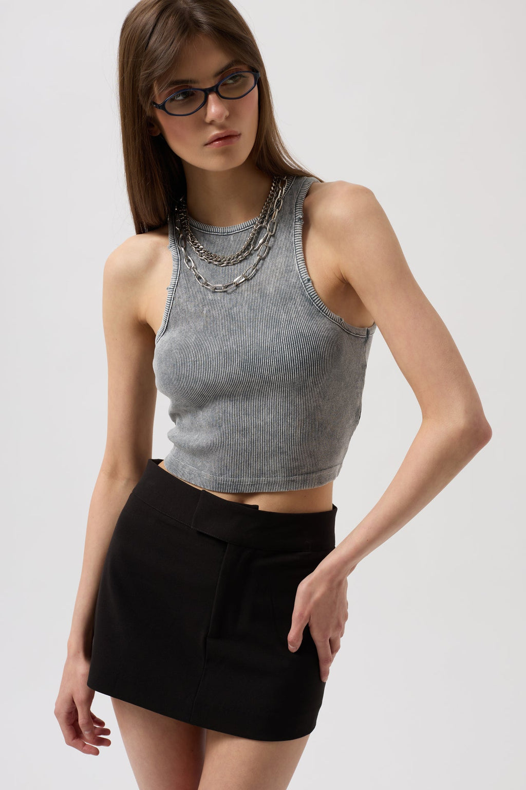 Washed Halter Neck Crop Gray Blouse