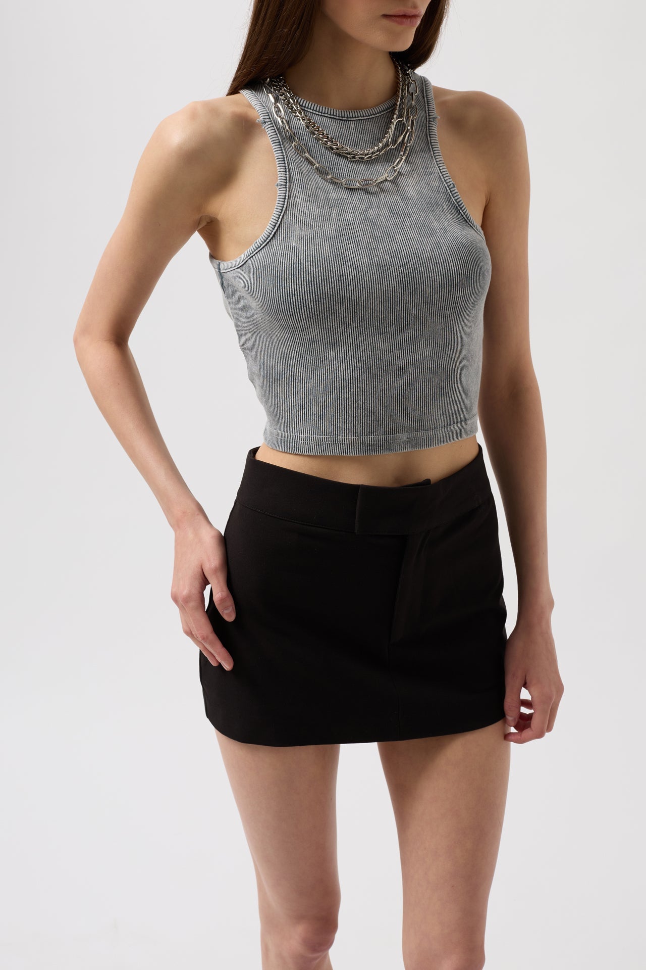 Washed Halter Neck Crop Gray Blouse