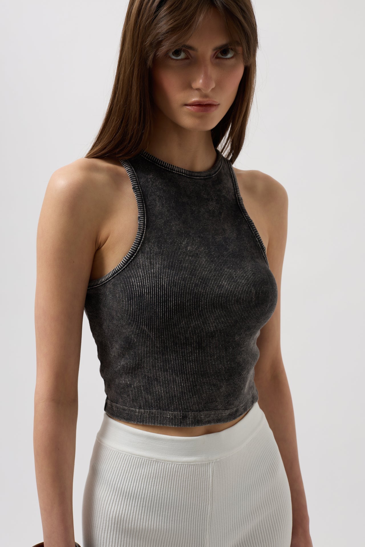 Washed Halter Neck Crop Black Blouse