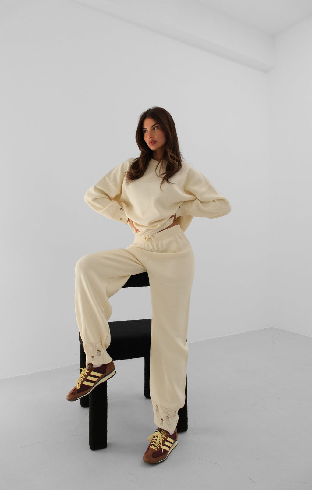 Distressed Detail Ecru Jogger Knit Tracksuit