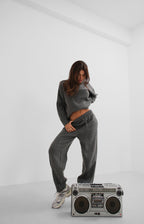 Distressed Detail Gray Jogger Knit Tracksuit