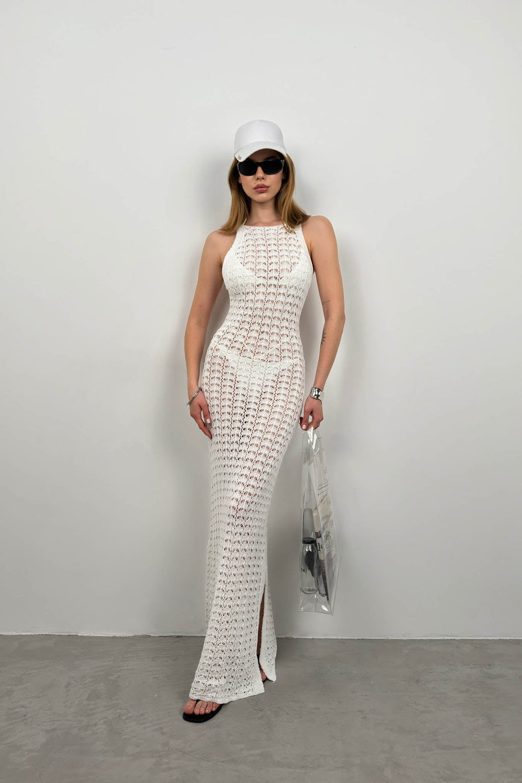 Slit Detail Open-Knit Maxi White Dress