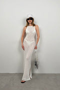 Slit Detail Open-Knit Maxi White Dress