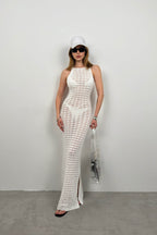 Slit Detail Open-Knit Maxi White Dress