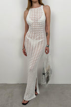 Slit Detail Open-Knit Maxi White Dress