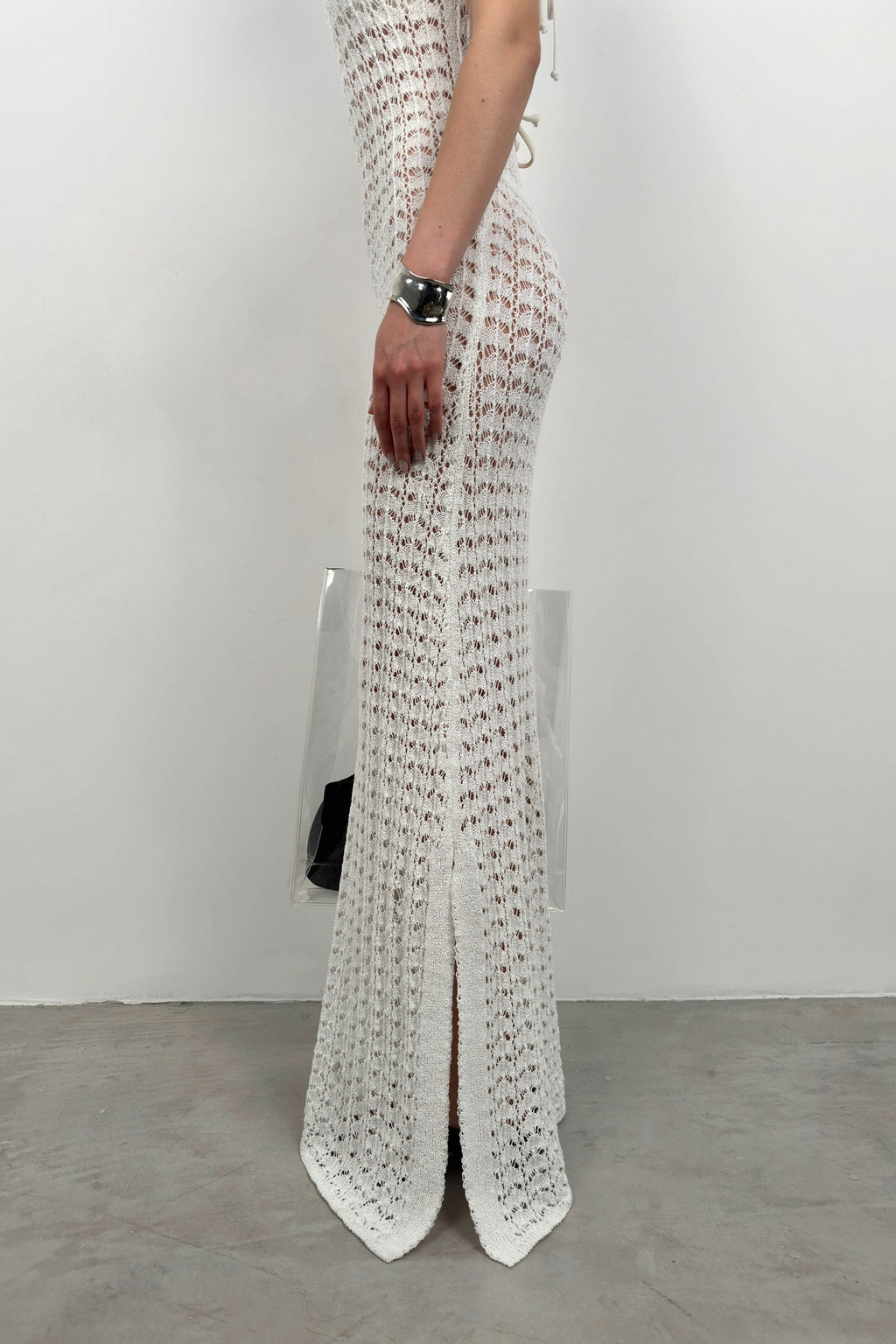 Slit Detail Open-Knit Maxi White Dress