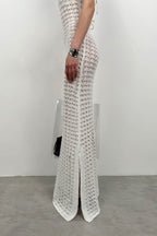 Slit Detail Open-Knit Maxi White Dress