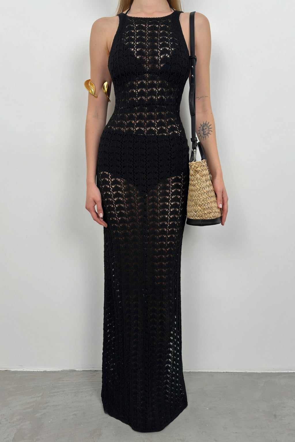 Slit Detail Openwork Maxi Black Dress