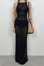Slit Detail Openwork Maxi Black Dress