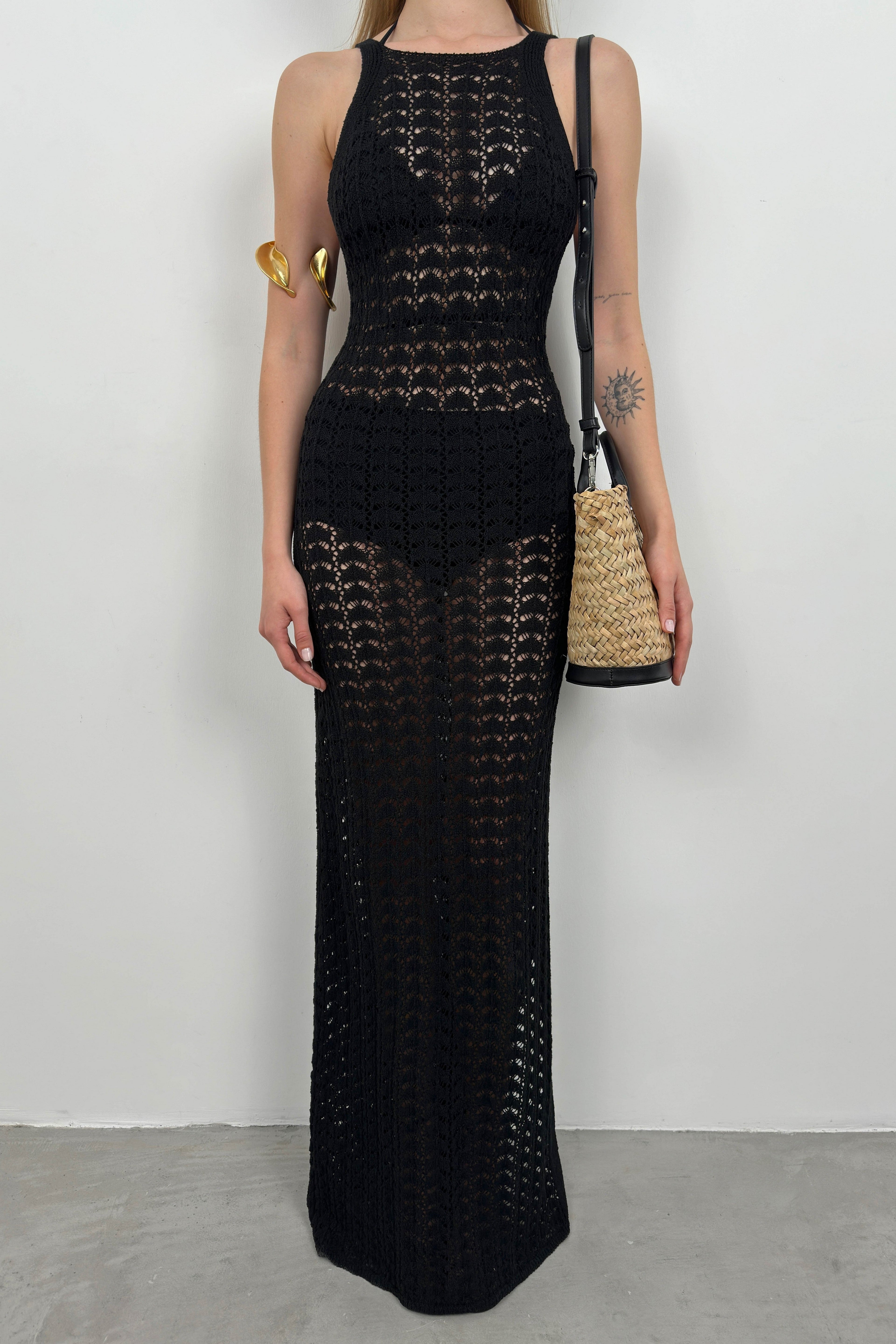 Slit Detail Openwork Maxi Black Dress