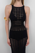 Slit Detail Openwork Maxi Black Dress