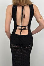 Slit Detail Openwork Maxi Black Dress