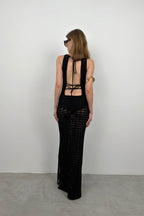 Slit Detail Openwork Maxi Black Dress