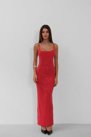 Slit Detail Strap Red Dress