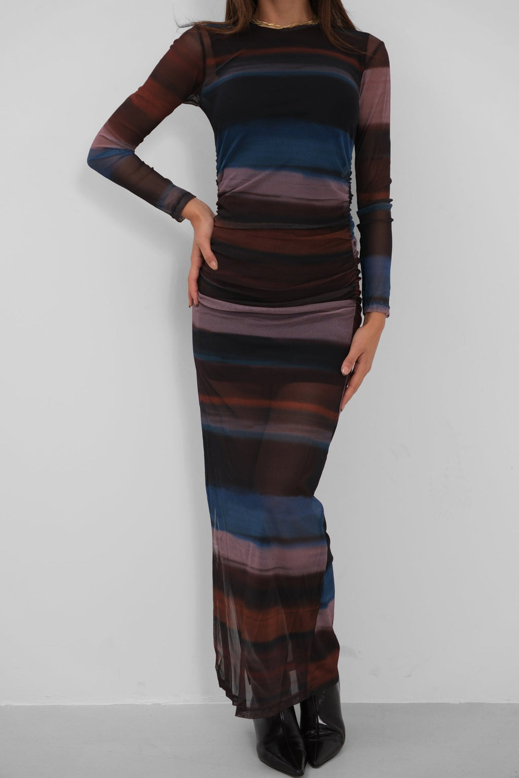 Slit Detail Printed Tulle Black Dress