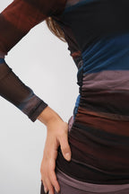 Slit Detail Printed Tulle Black Dress