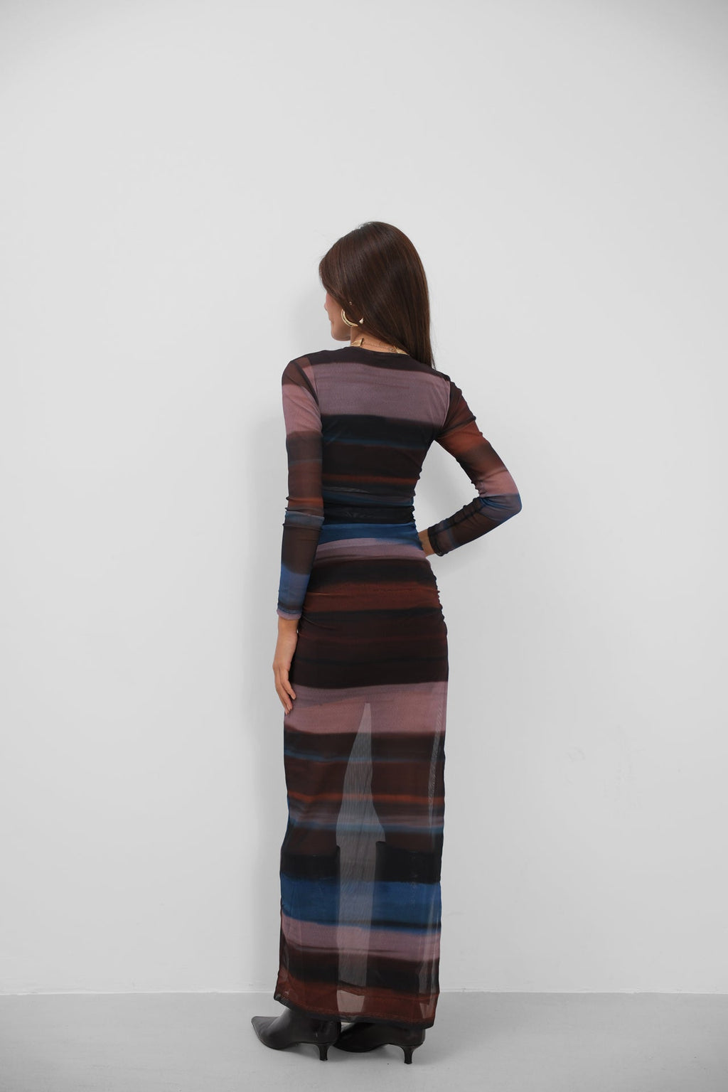 Slit Detail Printed Tulle Black Dress